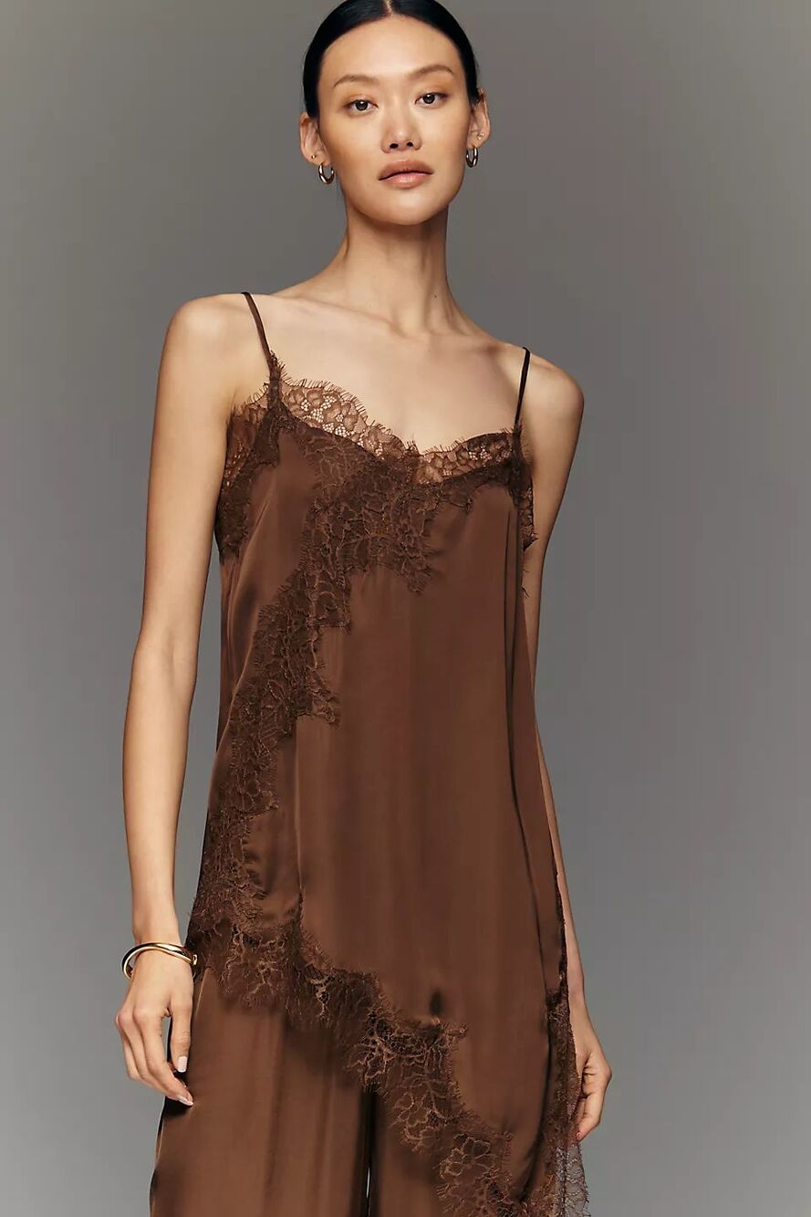 NWT Anthropologie LyreBird Heirloom Lace Asymmetrical Camisole Chocolate S